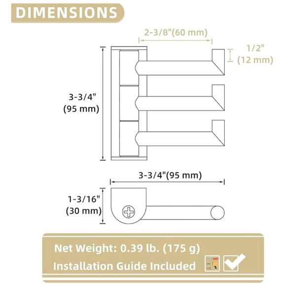 Swivel Stainless Steel Foldable Towel Hook with Multi Three Rotating Arm- Black - Picture 3 of 6